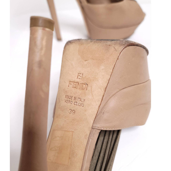 Fendi Platform Pump Peep Toe Fabric Stretch Sides Cream Leather Size 39 - Picture 5 of 10